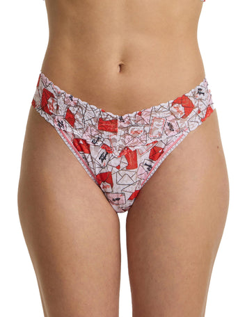 Red & Pink Love Letter Print Signature Lace® Original Rise Thong - Front On Model | Hanky Panky