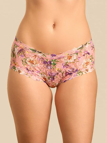 Coral Pink Floral Print Signature Lace® Boyshort - Front View On Model | Hanky Panky
