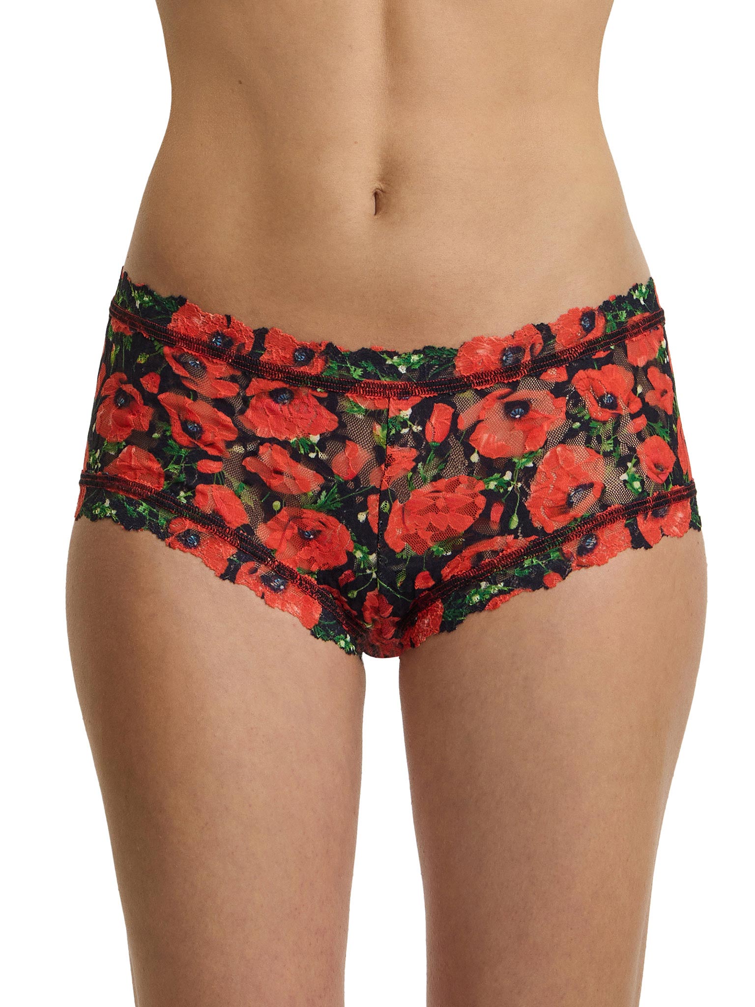 Red poppy floral patterned underwear on a white background