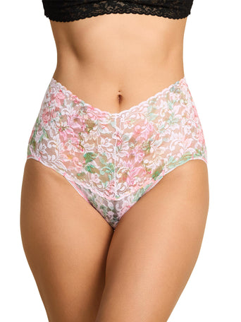 Rococo Rose Pink Printed Retro Lace V-Kini, floral high-rise panty - Front View | Hanky Panky