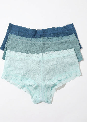 Signature Lace® Boyshorts 3-Pack in Odyssey Blue, Storm Cloud & Celeste - Flat Lay | Hanky Panky