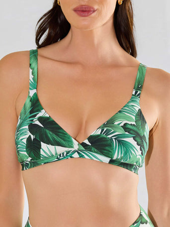 Model wearing green floral palm print swim triangle bralette top - Front Close-Up | Hanky Panky