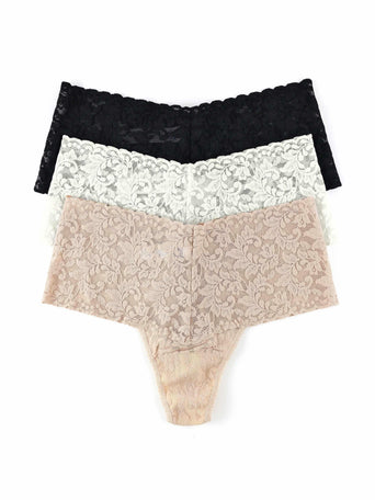 3 Pack Retro Lace Thong in Black, Marshmallow & Chai - Flat Lay, Lace Thong Multipack | Hanky Panky