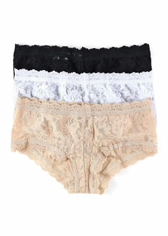 3 Pack Signature Lace® Boyshorts in Black, White & Chai - Flat Lay | Hanky Panky