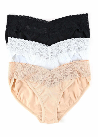 3 Pack Supima® Cotton V-Kini in Black, White & Chai - Lace Waistband Flat Lay | Hanky Panky