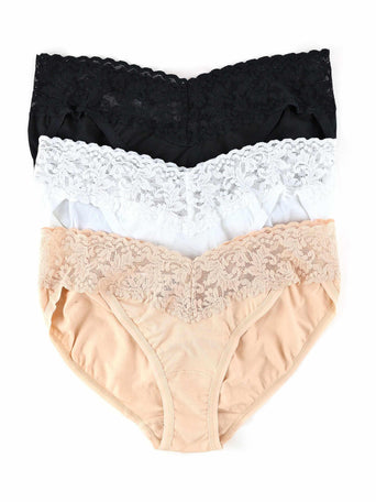 3 Pack Supima® Cotton V-Kini in Black, White & Chai - Lace Waistband Flat Lay | Hanky Panky