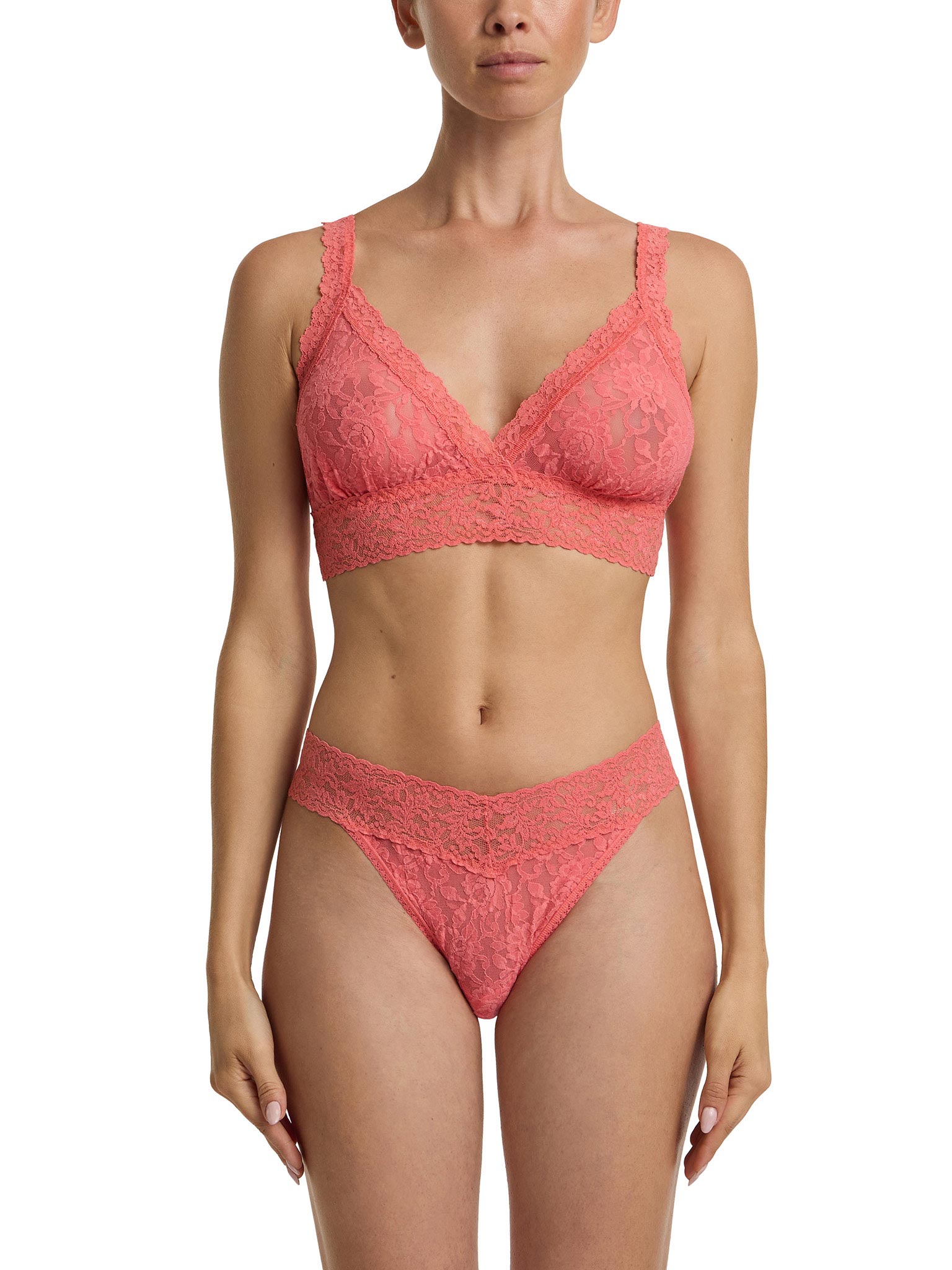 Paloma Pink Signature Lace® Crossover Bralette & Matching Thong Set - Front Full View On Model | Hanky Panky