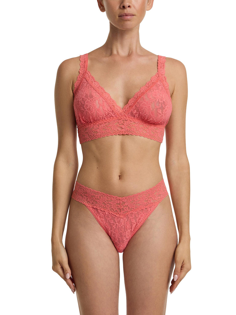 Paloma Pink Signature Lace® Crossover Bralette & Matching Thong Set - Front Full View On Model | Hanky Panky