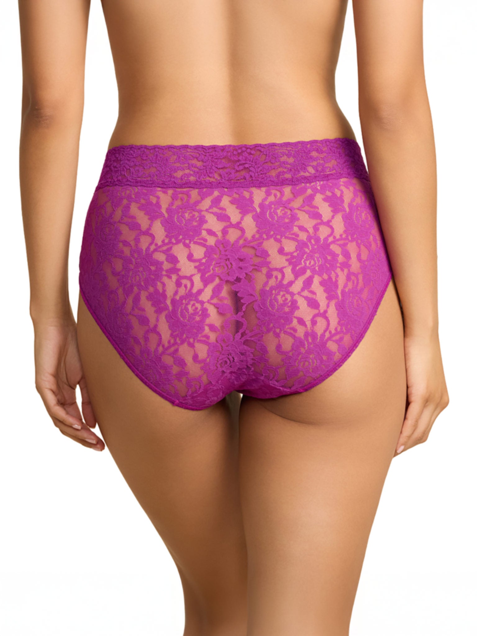 Model facing back in Signature Lace® French Brief Boysenberry Purple on white background