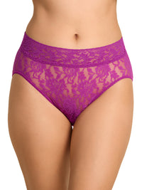 Model facing front in Signature Lace® French Brief Boysenberry Purple white background