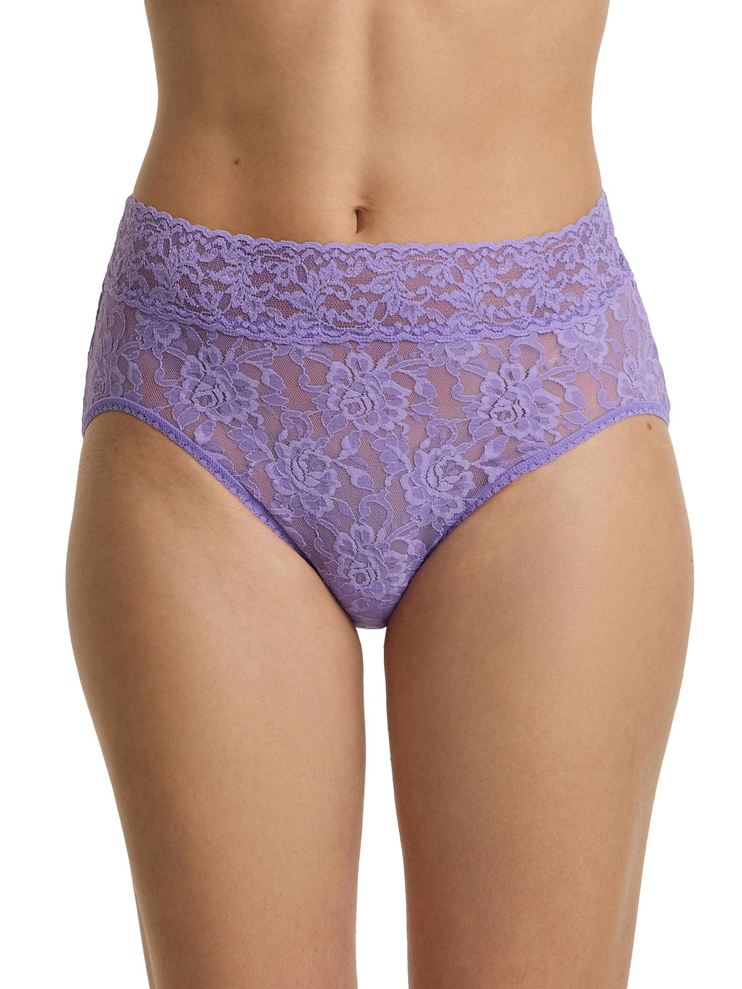 Purple lace underwear on a white background