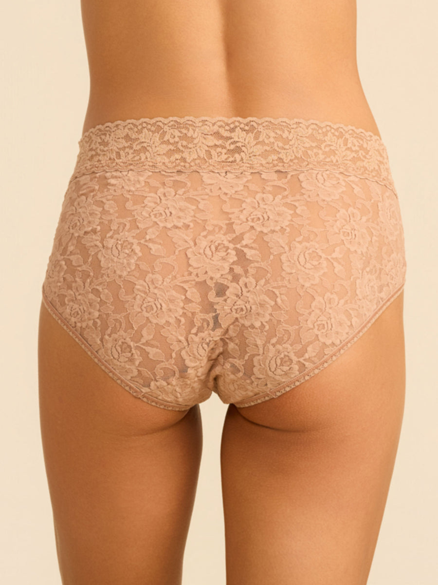 Back view of model wearing Signature Lace® French Brief Sun Tan - Sheer Floral Lace Coverage | Hanky Panky