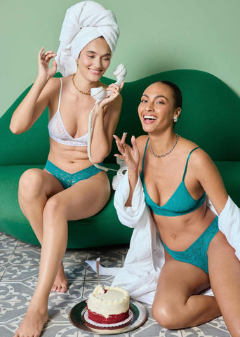 Teal Signature Lace Low Rise Thong - Two Models Lifestyle Shot | Hanky Panky