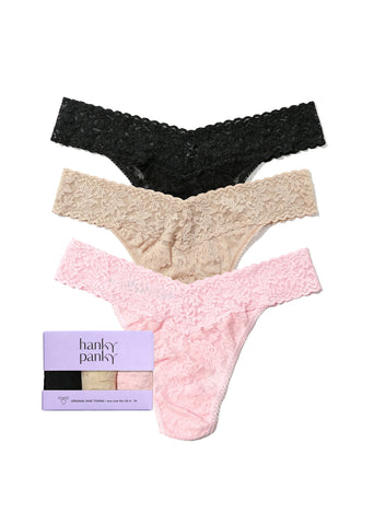 3 Pack Signature Lace® Original Rise Thongs in Black, Chai & Bliss Pink - Flat Lay with Gift Box | Hanky Panky