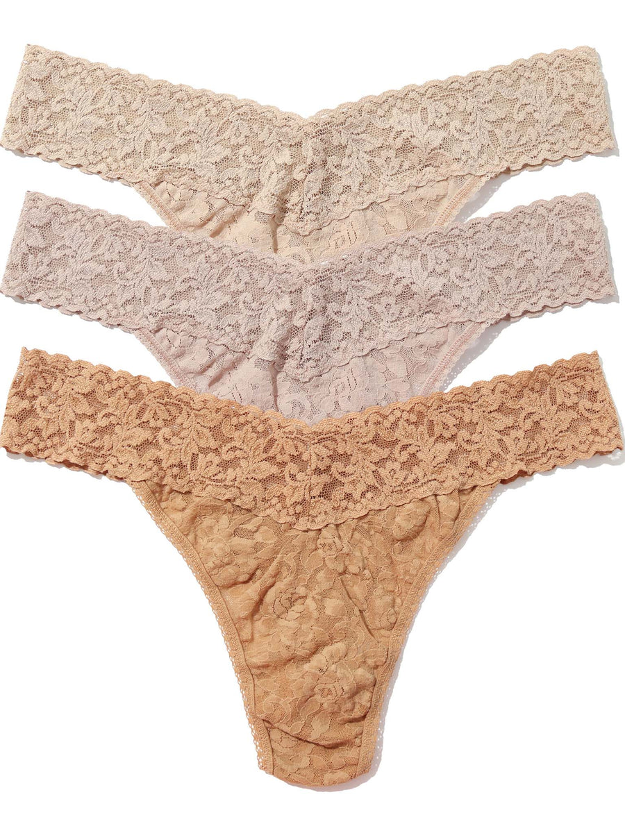 3-Pack Signature Lace® Low Rise Thongs in Chai, Taupe & Suntan - Flat Lay | Hanky Panky