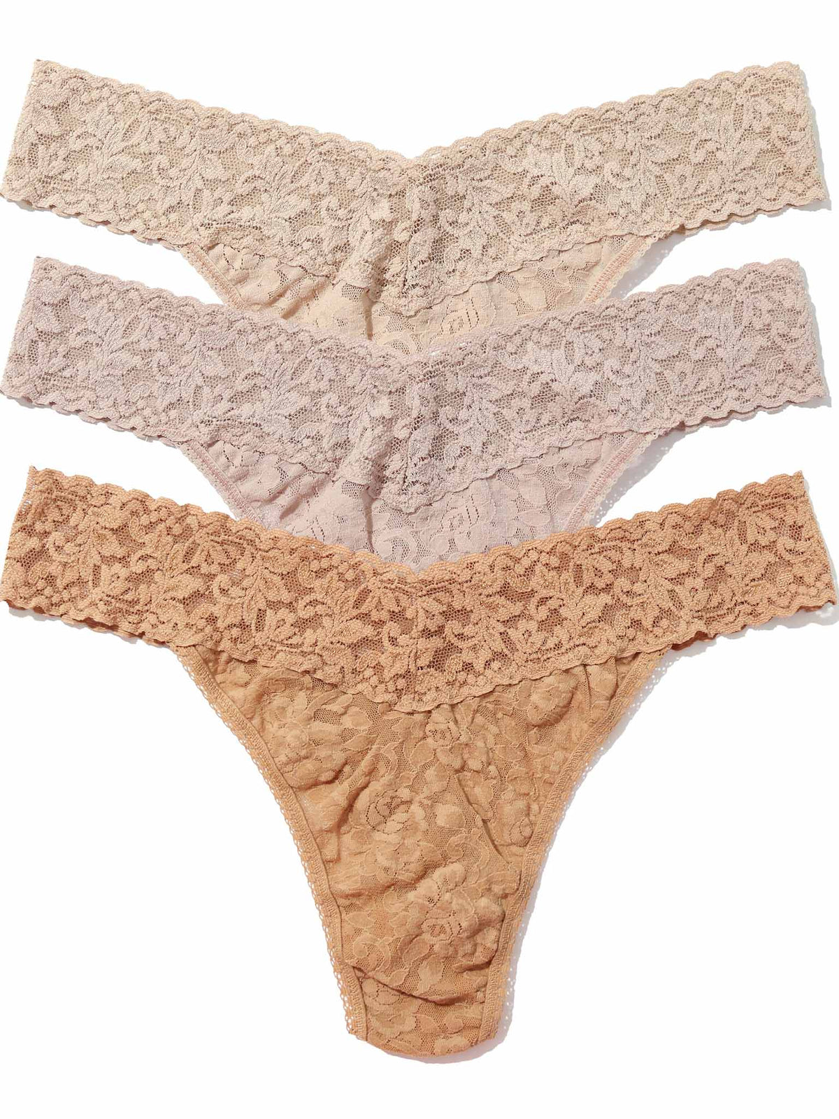 3-Pack Signature Lace® Original Rise Thongs in Chai, Taupe & Suntan - Flat Lay | Hanky Panky
