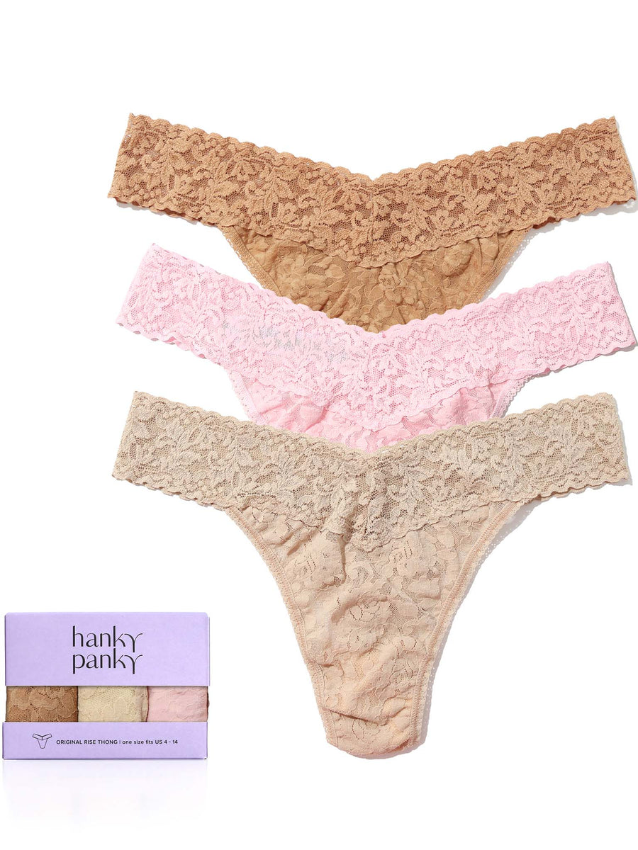 Signature Lace® Original Rise Thongs 3-Pack in Suntan, Blushing Rose & Chai - Flat Lay with Gift Box | Hanky Panky