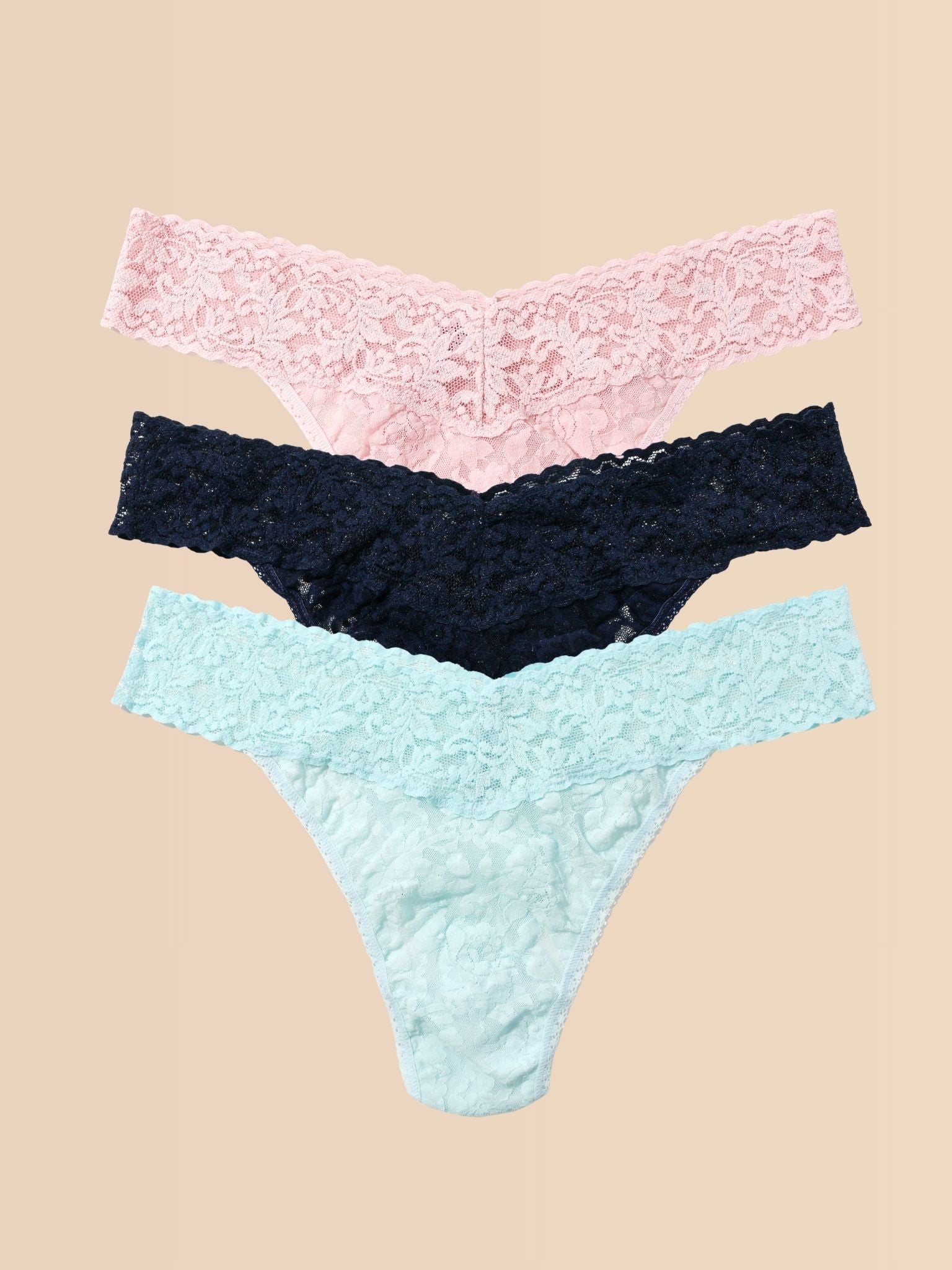 Blushing Rose, Navy & Celeste Signature Lace® Thong 3-Pack - Flat Lay | Hanky Panky