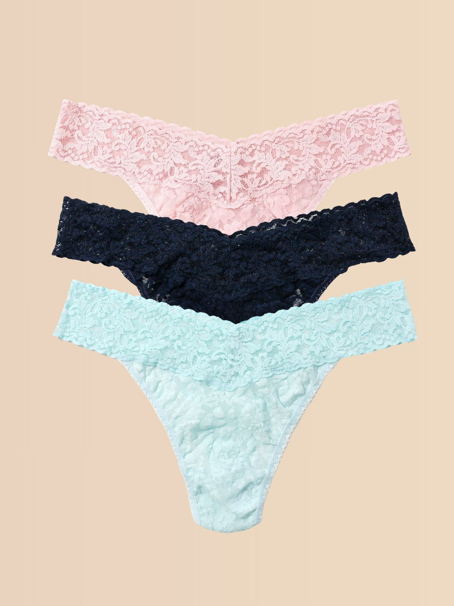 Blushing Rose, Navy & Celeste Signature Lace® Thong 3-Pack - Flat Lay | Hanky Panky