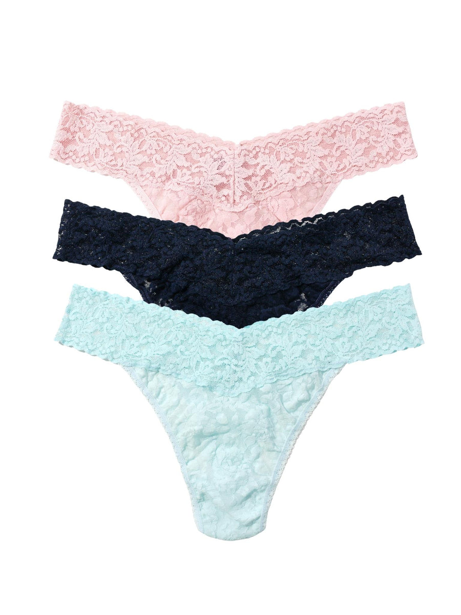 Pink, Navy & Mint Signature Lace® Original Rise Thongs 3-Pack - Front Flat Lay | Hanky Panky
