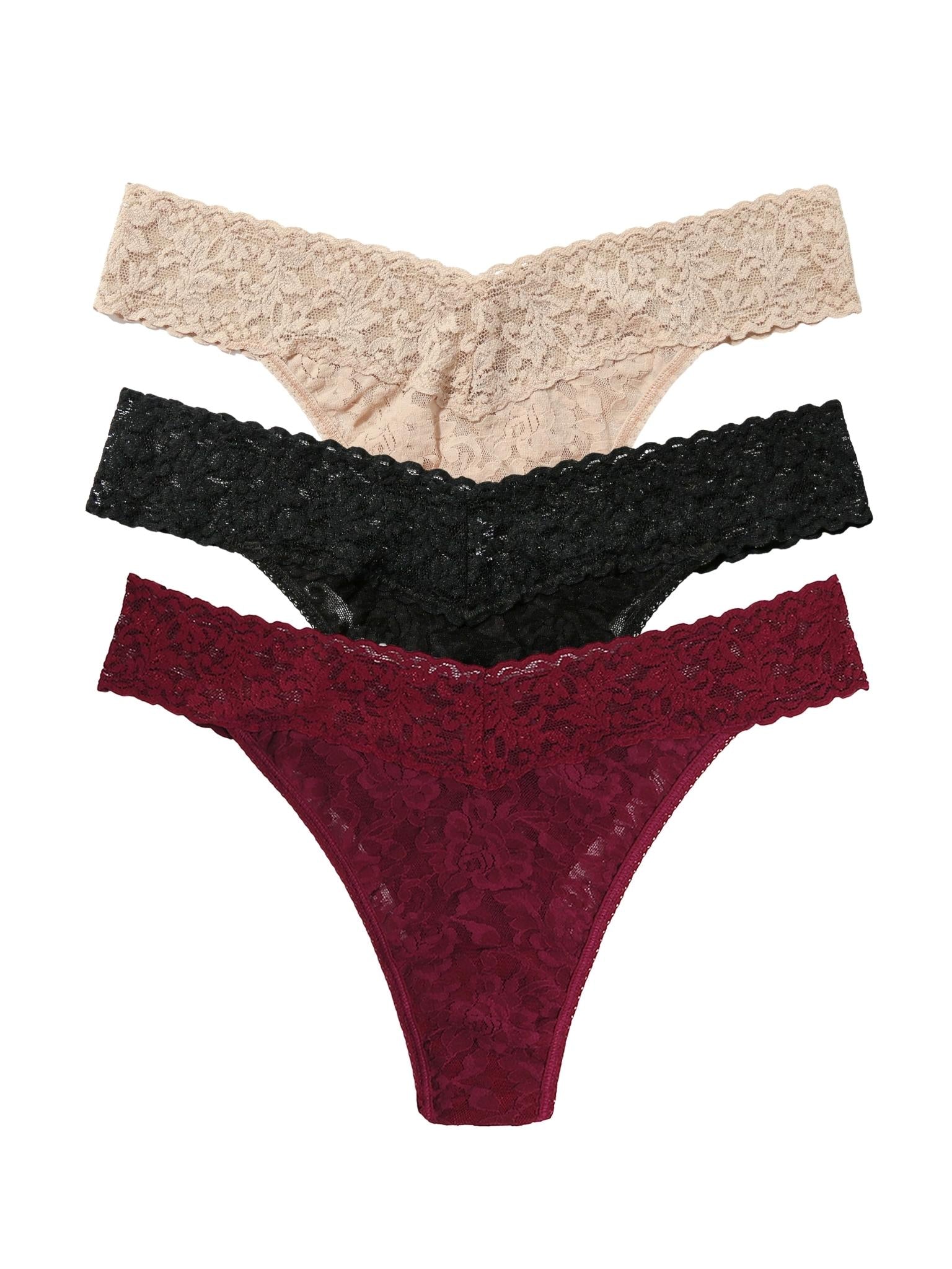 3 Pack Signature Lace® Original Rise Thongs In Printed Box Chai/Black/Dark Pomegranate