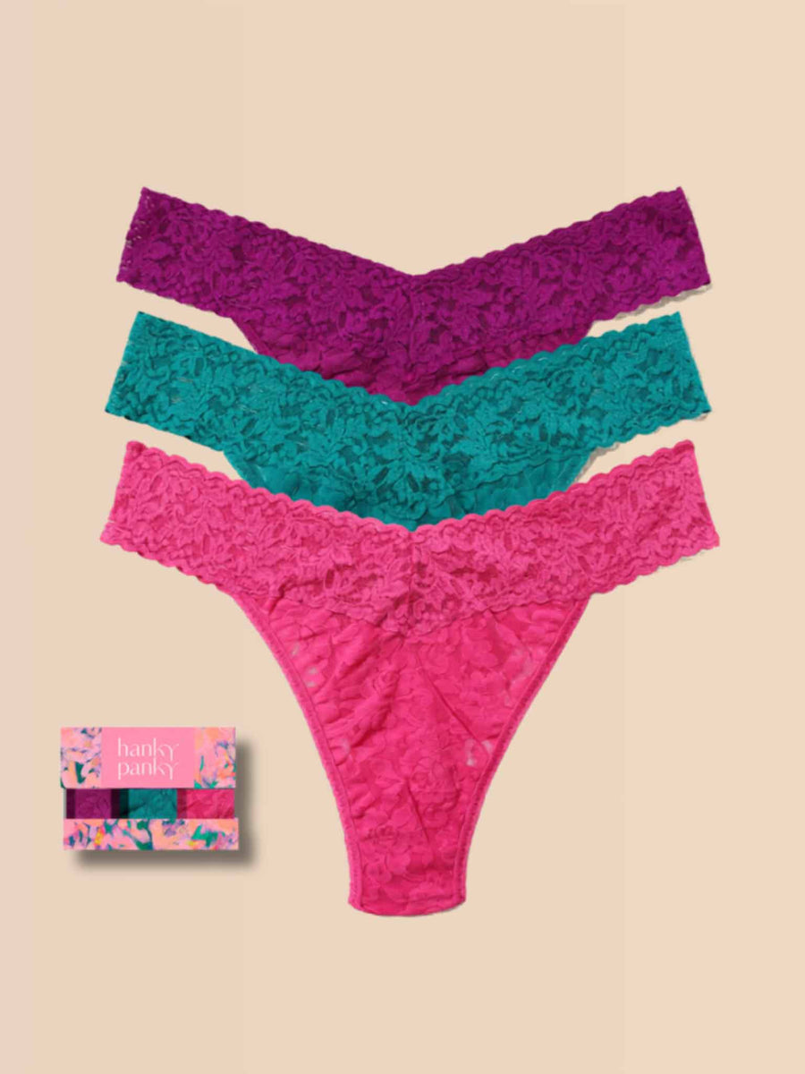 Purple, Teal & Pink Signature Lace® Thong 3-Pack with Gift Box - Flat Lay | Hanky Panky