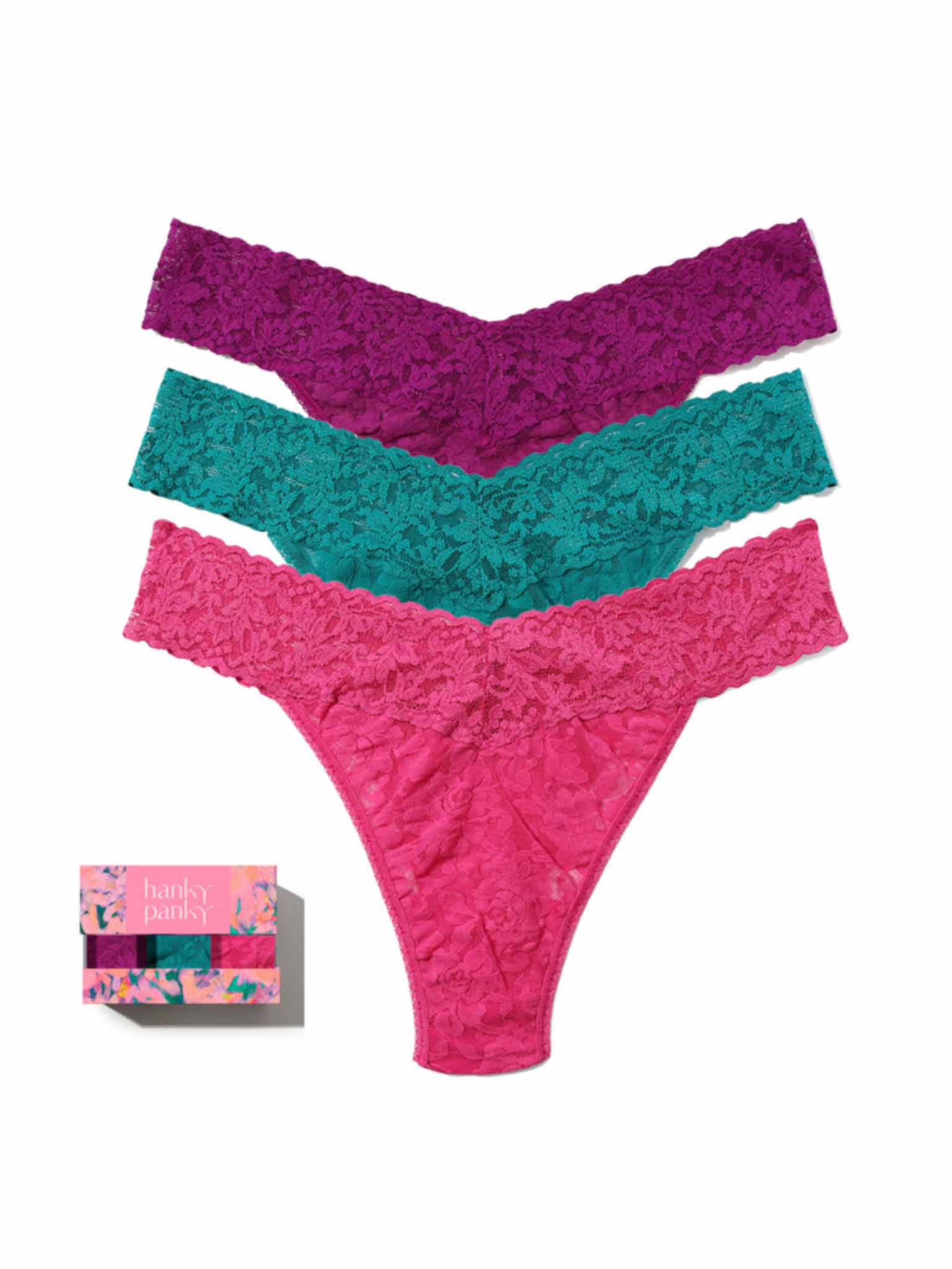 Boysenberry, Dark Teal & Dragon Fruit Signature Lace® Original Rise Thongs 3-Pack - Flat Lay | Hanky Panky