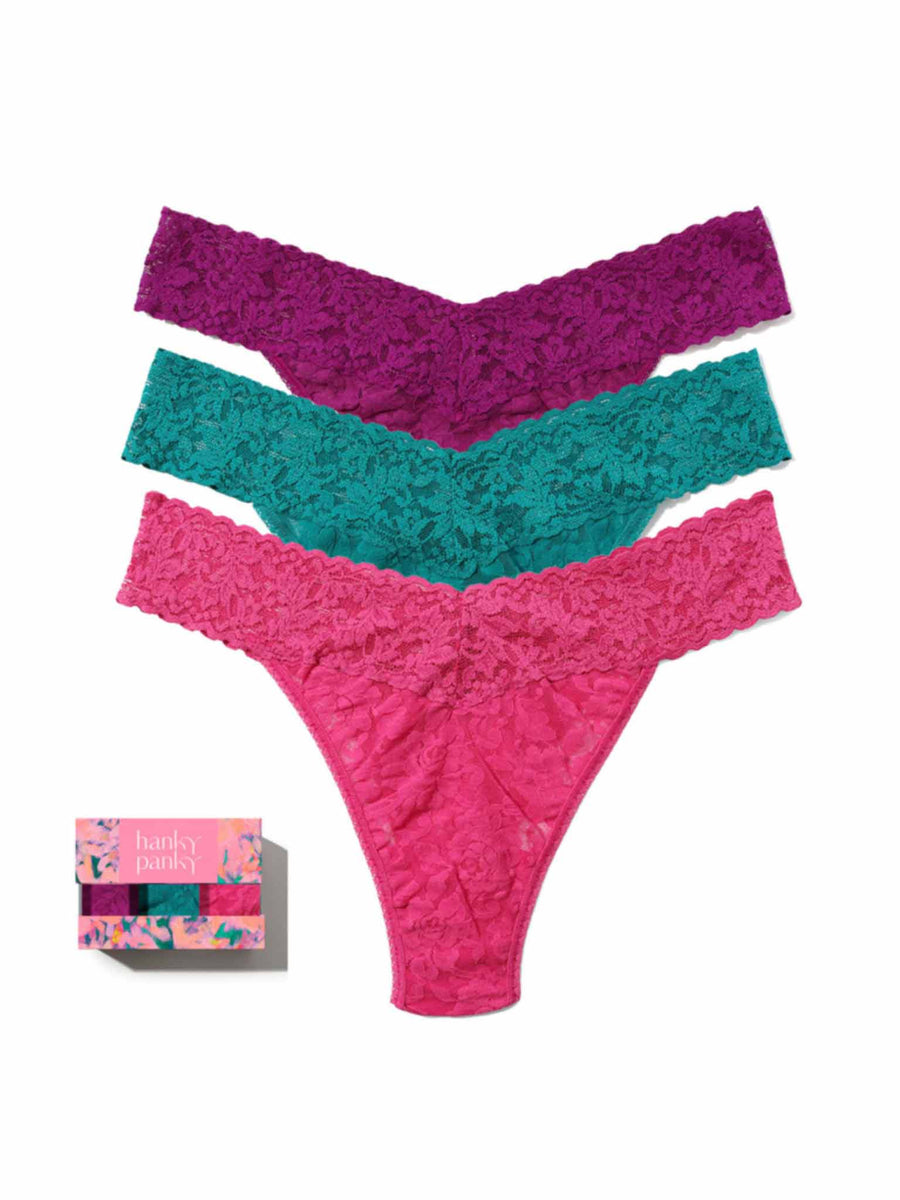 Boysenberry, Dark Teal & Dragon Fruit Signature Lace® Original Rise Thongs 3-Pack - Flat Lay | Hanky Panky