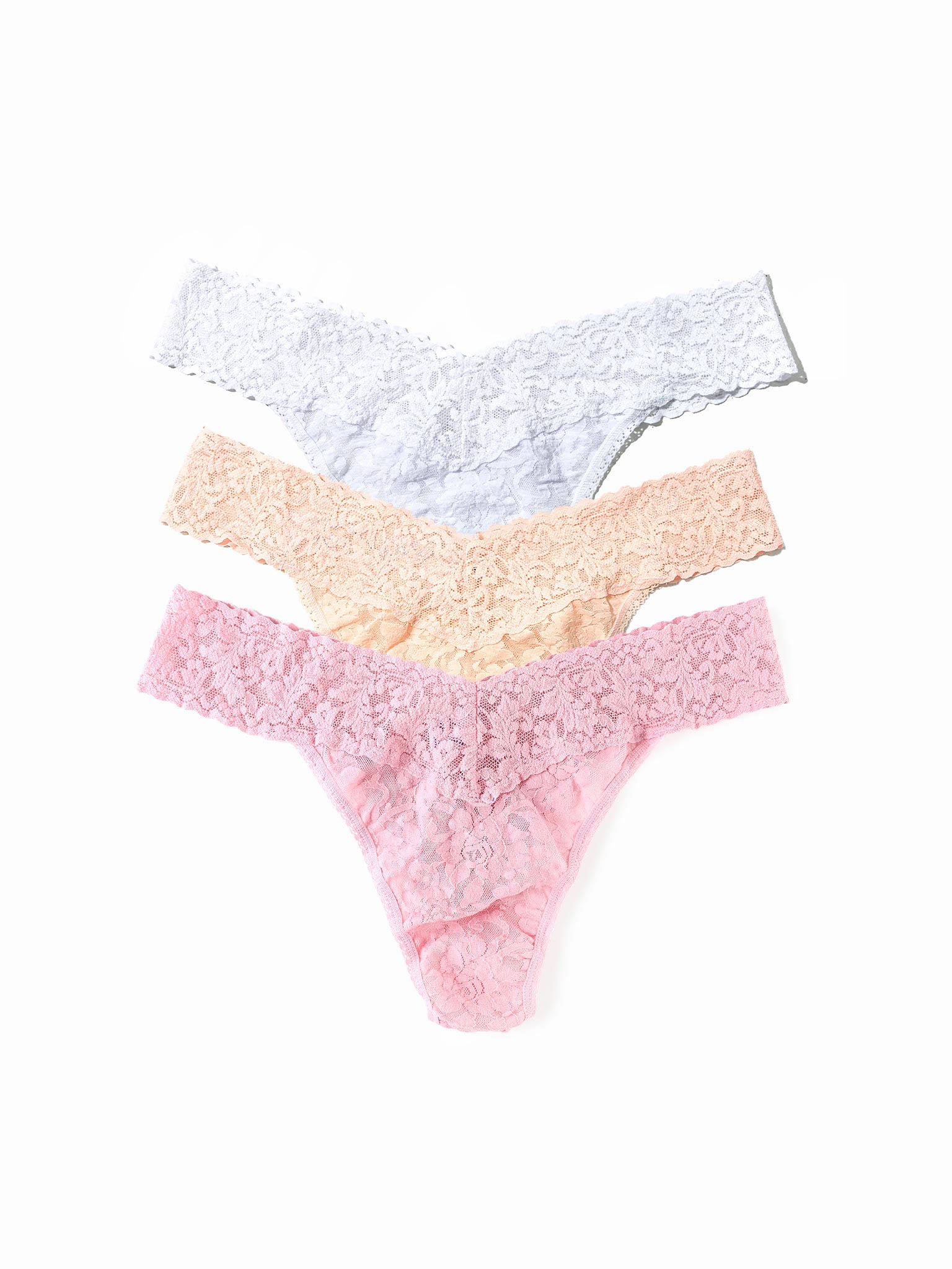 Three pairs of women's underwear in pink, yellow, and light blue on a white background.
