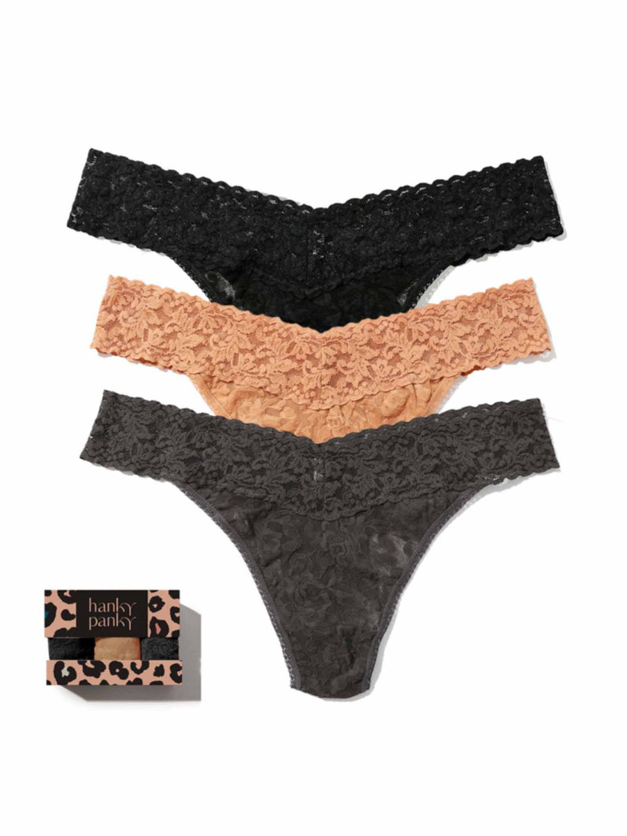 Signature Lace® Original Rise Thong 3-Pack Black, Sun Tan, Granite - Flat Lay with Gift Box | Hanky Panky