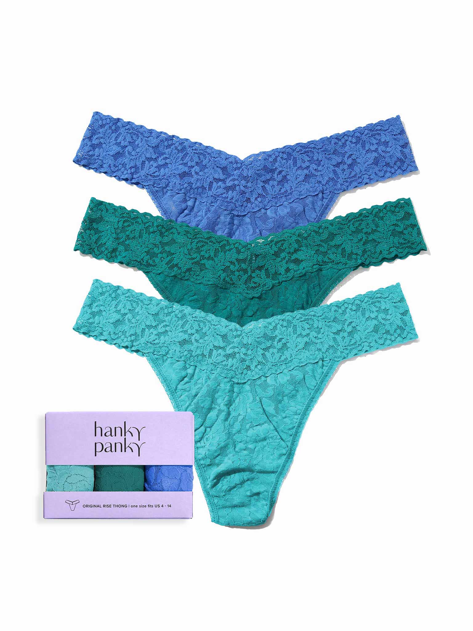 Three pairs of lace thongs in blue and green with a 'hanky panky' packaging box on a white background.