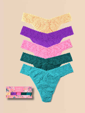 Signature Lace® Thong 5-Pack in Apricot, Violet, Pink, Teal & Turquoise - Flat Lay with Gift Box | Hanky Panky