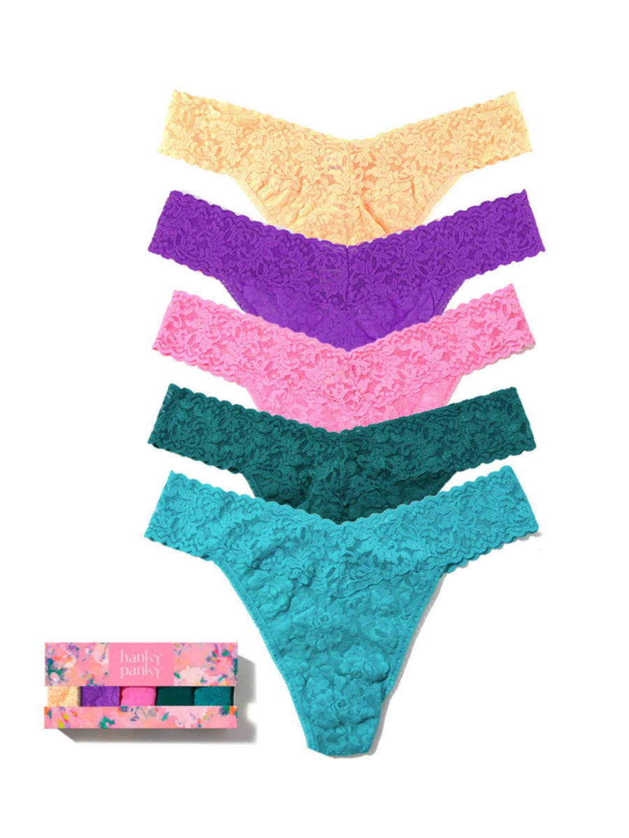 Multicolor Lace Thong 5-Pack Stacked Flat Lay on White with Printed Floral Gift Box - Front View | Hanky Panky