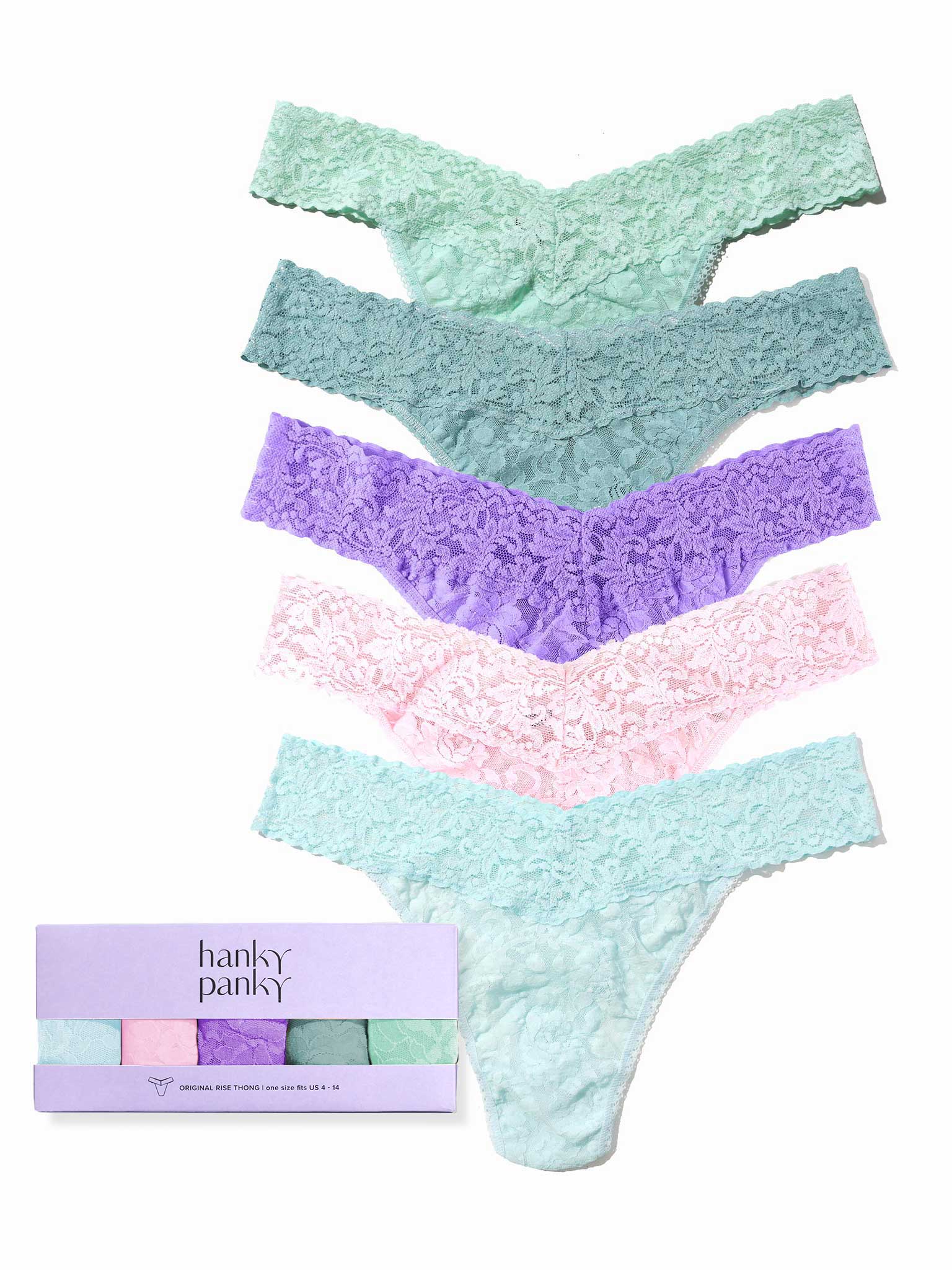 Set of pastel-colored lace panties with a 'hanky panky' box on a white background