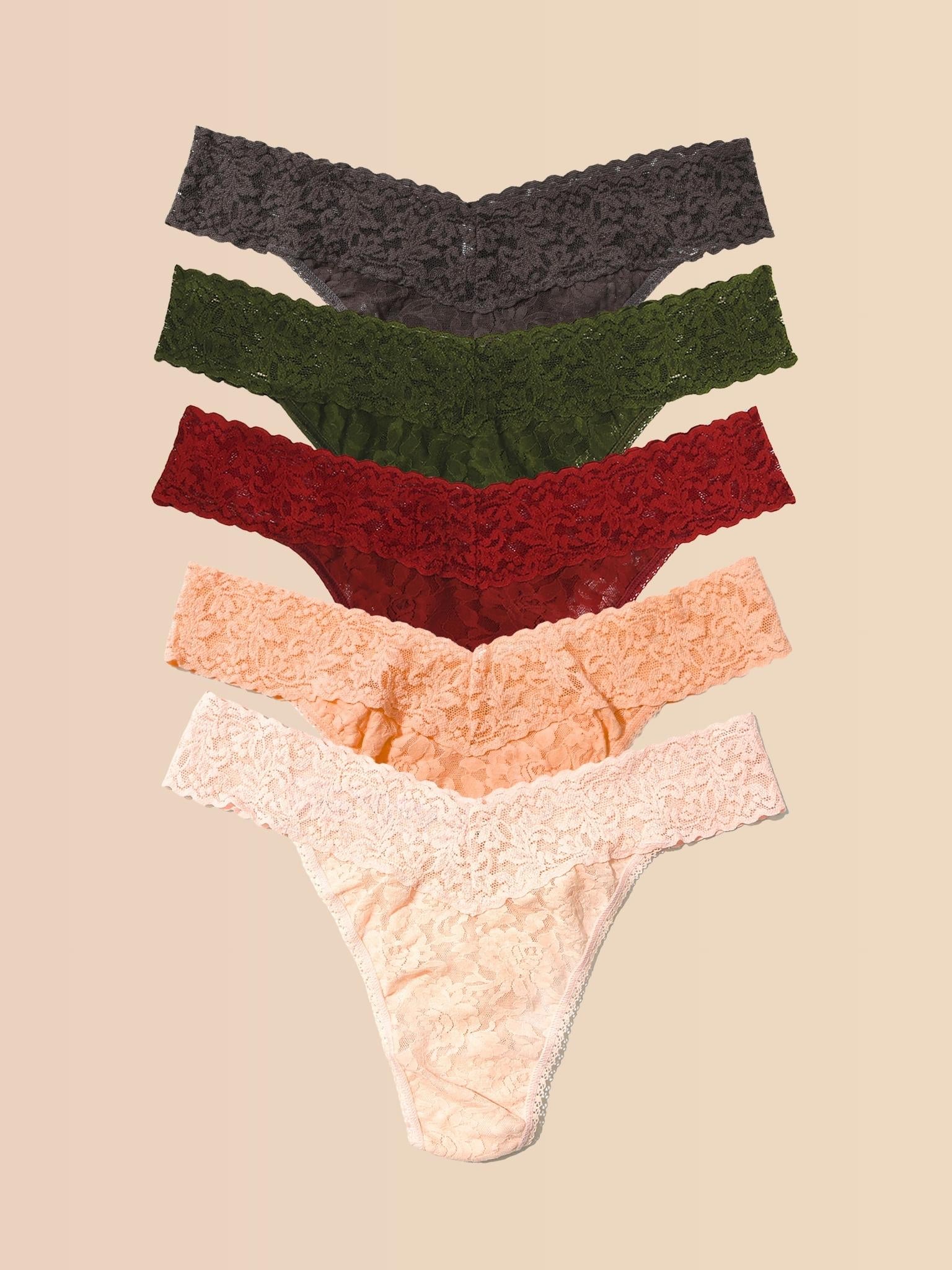5 Pack Signature Lace® Original Rise Thongs In Printed Box Granite Grey/Woodland Green/Clay Ole Red/Apricot Crush Orange/Vanilla