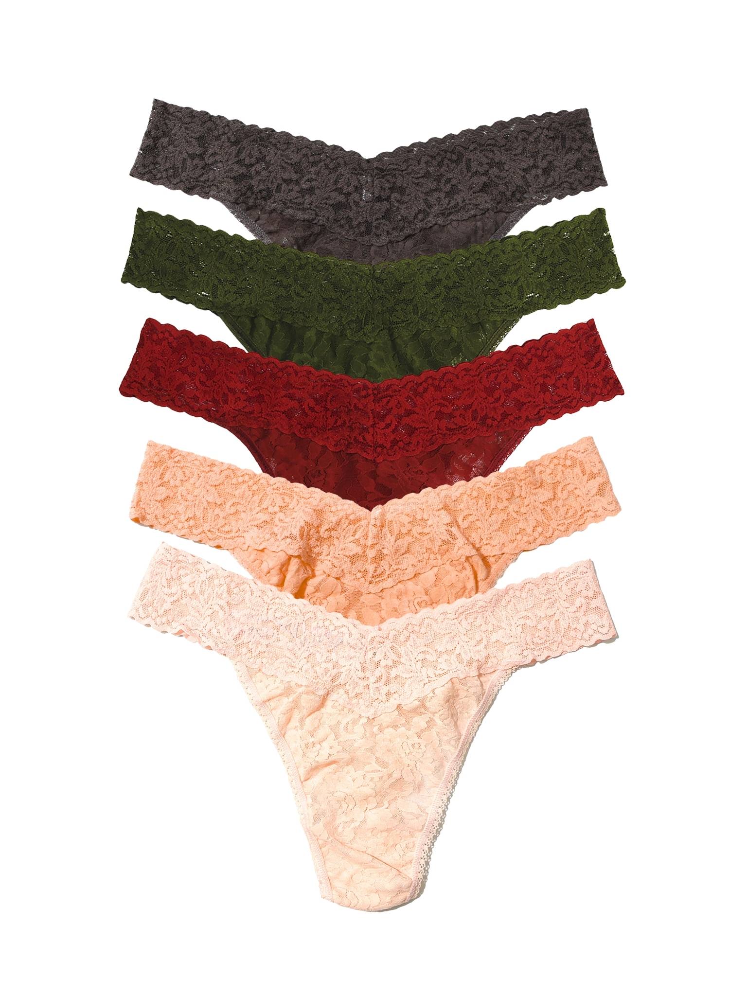 5 Pack Signature Lace® Original Rise Thongs In Printed Box Granite Grey/Woodland Green/Clay Ole Red/Apricot Crush Orange/Vanilla