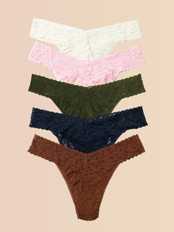5-Pack Signature Lace® Original Rise Thongs in Marshmallow, Pink, Olive, Navy & Brown - Flat Lay | Hanky Panky