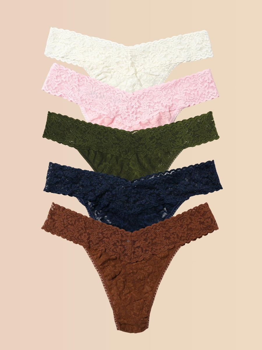 5-Pack Signature Lace® Original Rise Thongs in Marshmallow, Pink, Olive, Navy & Brown - Flat Lay | Hanky Panky