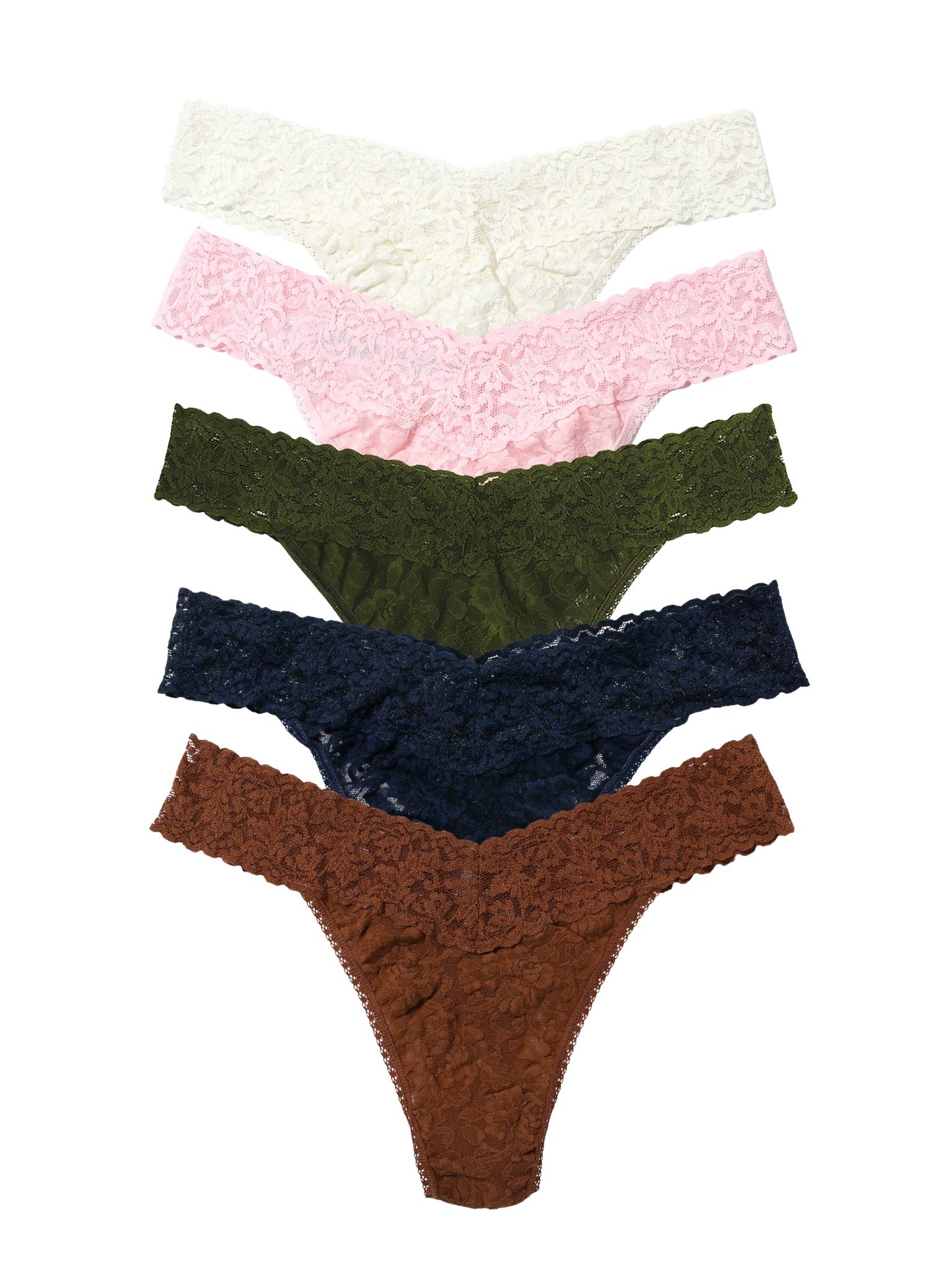 Signature Lace® Lace Thongs 5-Pack Marshmallow, Bliss, Boysenberry, Navy, Macchiato - Flat Lay | Hanky Panky