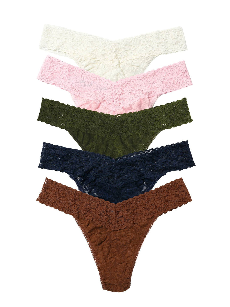 Signature Lace® Lace Thongs 5-Pack Marshmallow, Bliss, Boysenberry, Navy, Macchiato - Flat Lay | Hanky Panky