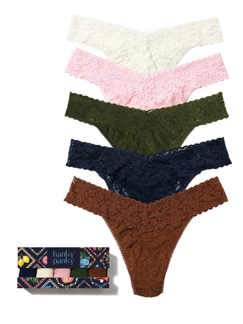 The Whole Drawer 5 Pack Signature Lace® Original Rise Thongs In Printed Box