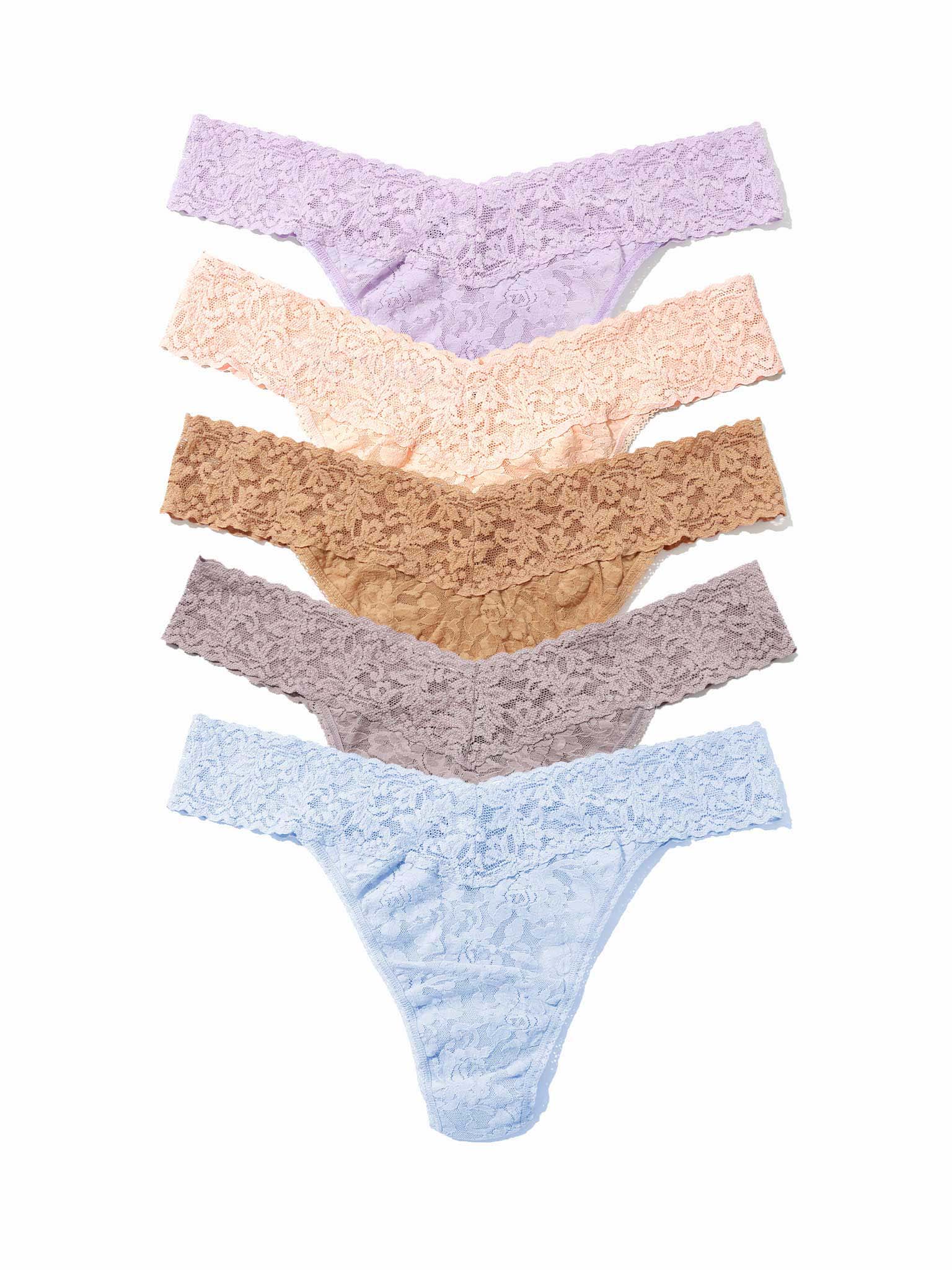 5-Pack Signature Lace® Original Rise Thongs in lavender, blush, tan, mauve & blue - Flat Lay | Hanky Panky