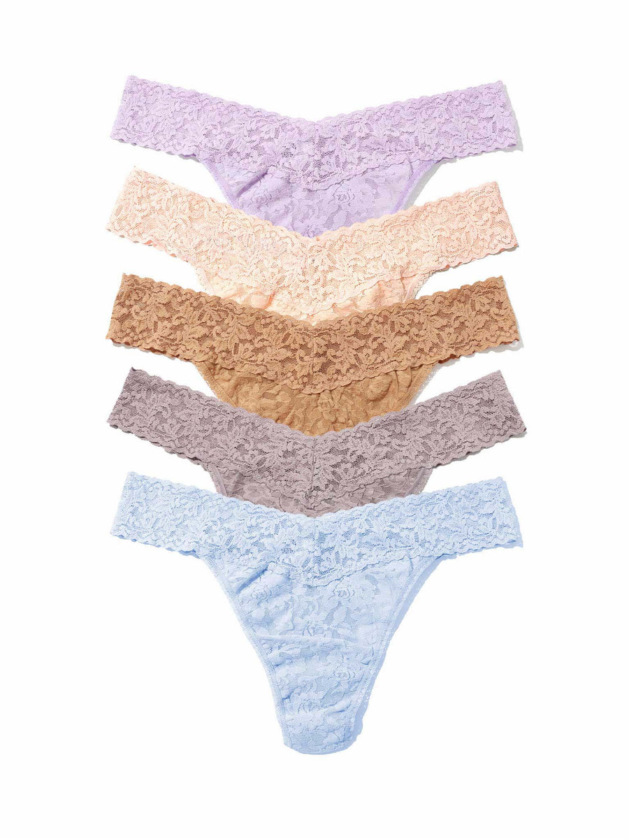 5-Pack Signature Lace® Original Rise Thongs in lavender, blush, tan, mauve & blue - Flat Lay | Hanky Panky