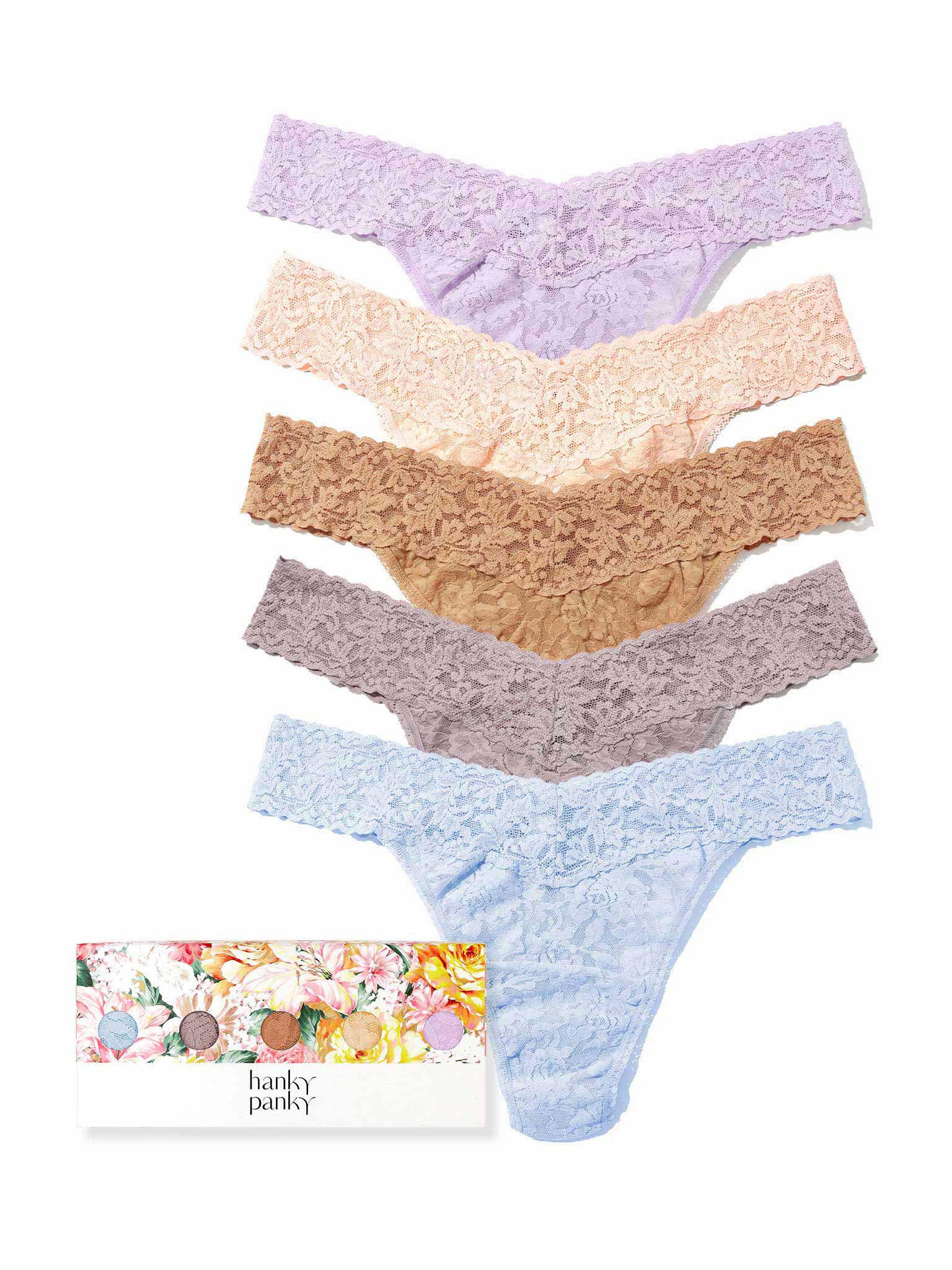 5-Pack Signature Lace® Original Rise Thongs Desert Haze Neutrals with floral gift box - Flat Lay | Hanky Panky