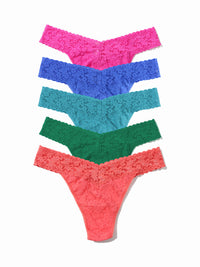 Five colorful lace thongs in pink, sea blue, turquoise blue, green, and coral on a white background.