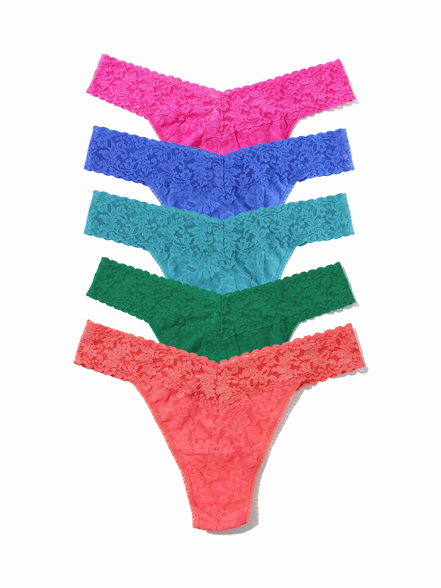 Five colorful lace thongs in pink, sea blue, turquoise blue, green, and coral on a white background.