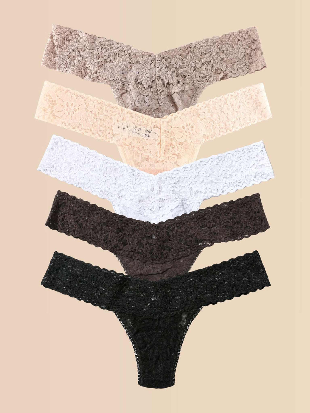 5 Pack Signature Lace® Original Rise Thongs In Printed Box Taupe/Desert Rose/White/Granite/Black