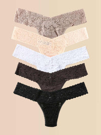 5 Pack Signature Lace® Original Rise Thongs In Printed Box Taupe/Desert Rose/White/Granite/Black