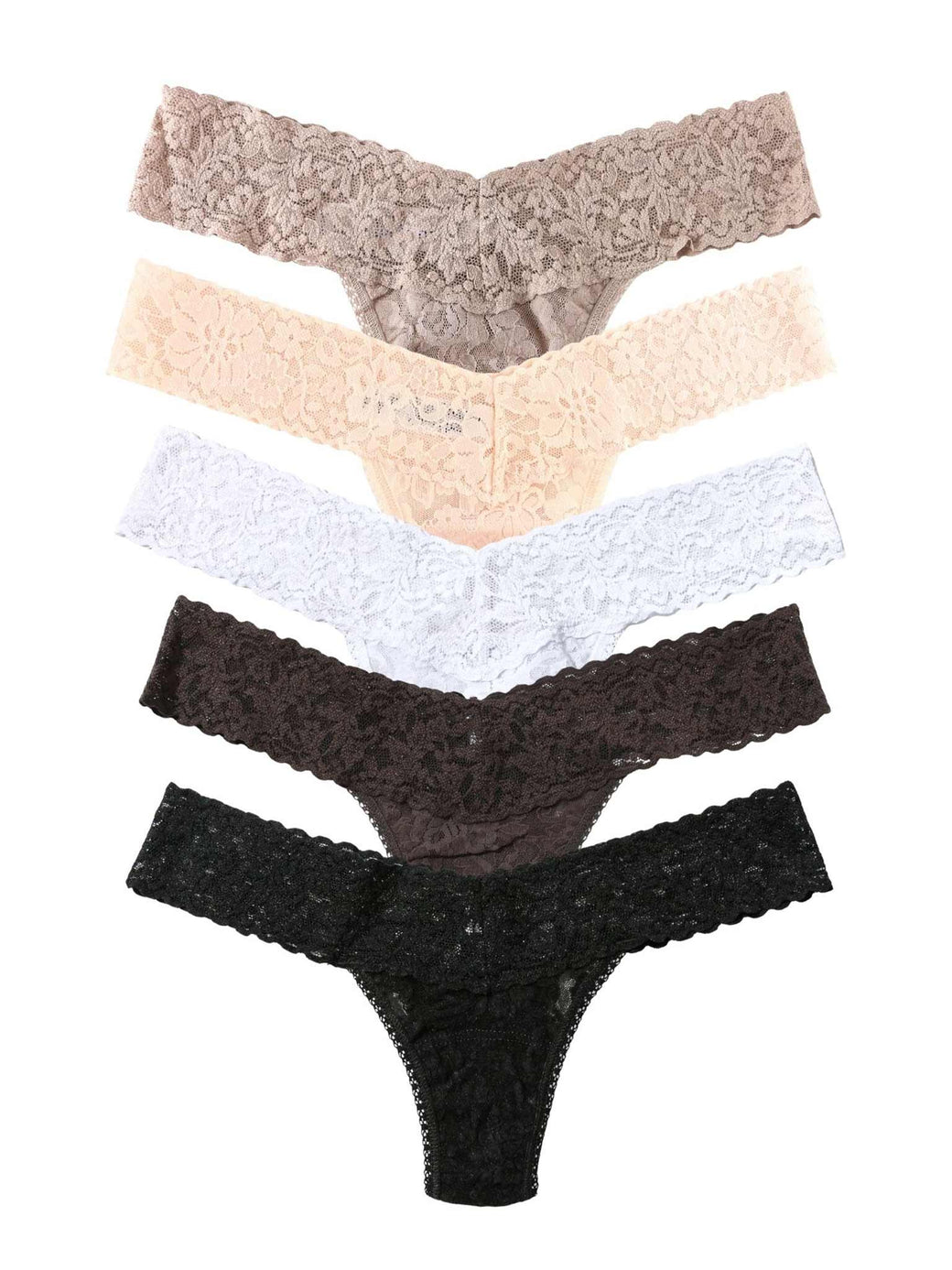 5 Pack Signature Lace® Original Rise Thongs In Printed Box Taupe/Desert Rose/White/Granite/Black