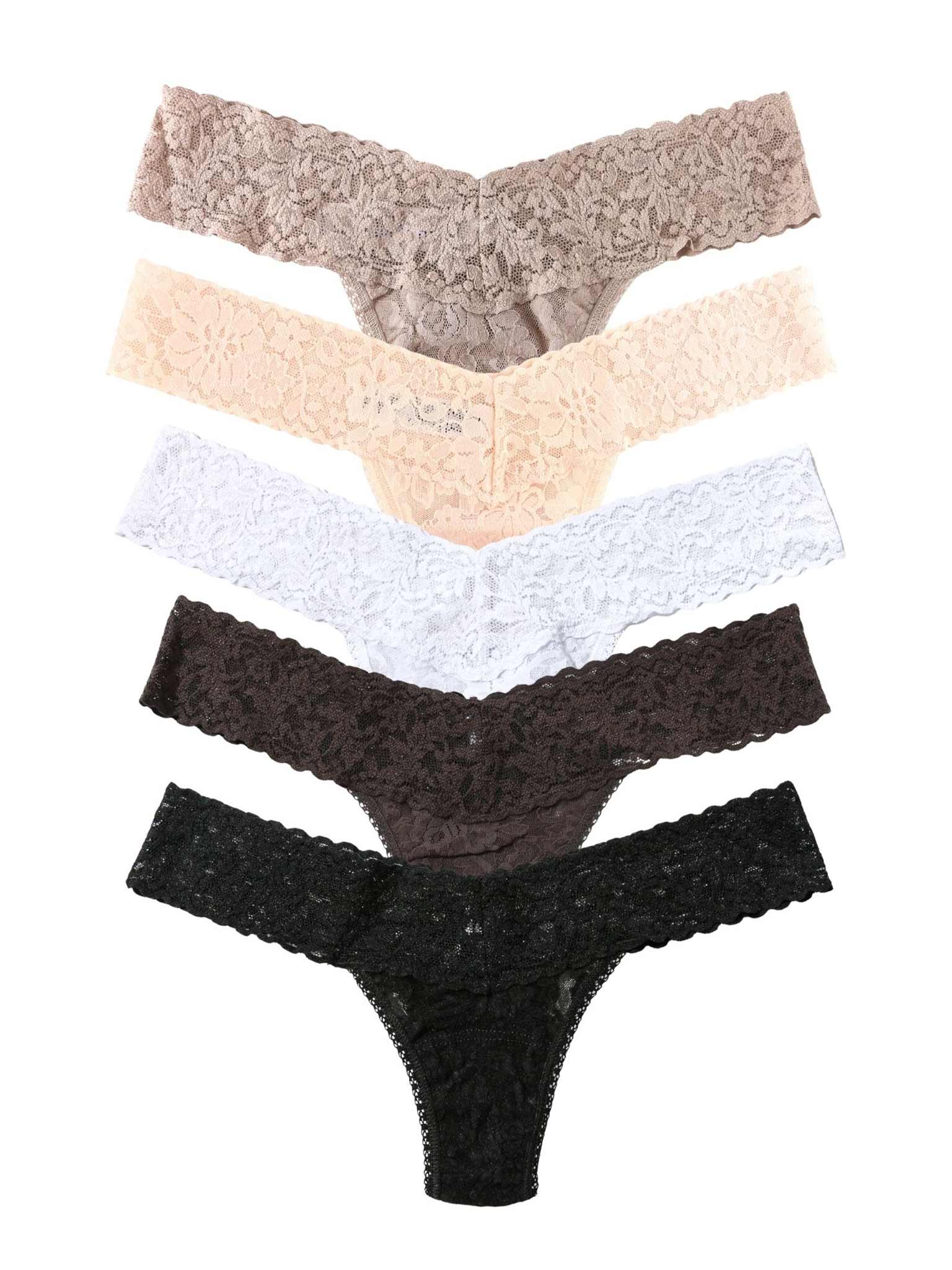 5 Pack Signature Lace® Original Rise Thongs In Printed Box Taupe/Desert Rose/White/Granite/Black